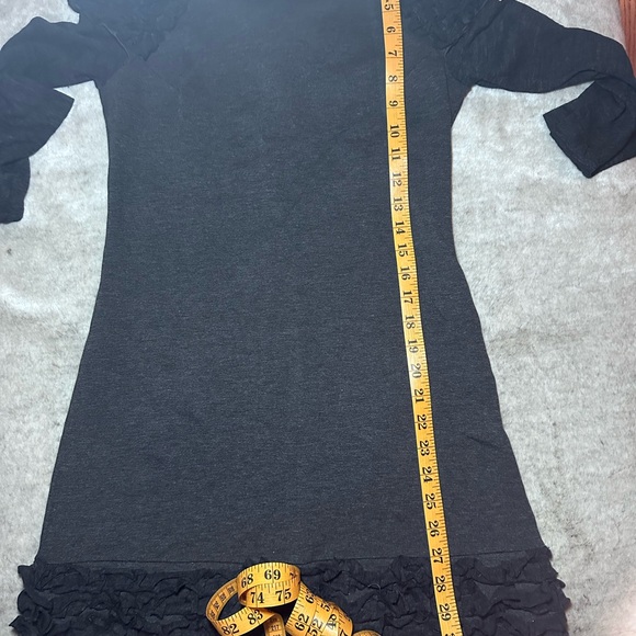 Tenax Charcoal Mock Neck Dress, Black Ruffle Details, Long Semi-Sheer Sleeves - Picture 12 of 13